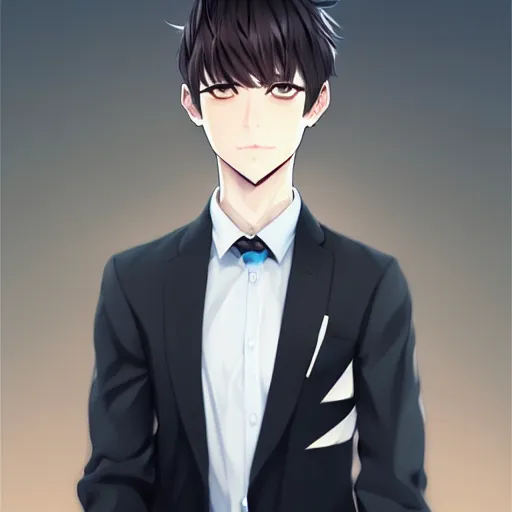 Image similar to A realistic anime portrait of a handsome young man with cat ears wearing a suit, digital painting, by WLOP and Rossdraws, digtial painting, trending on ArtStation, deviantart