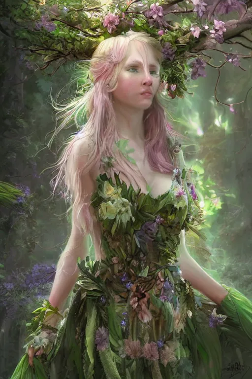 Image similar to portrait of a magical nymph druid in the forest wearing a magical flower dress, full body shot, highly detailed dramatic lighting fantasy artstation artgerm