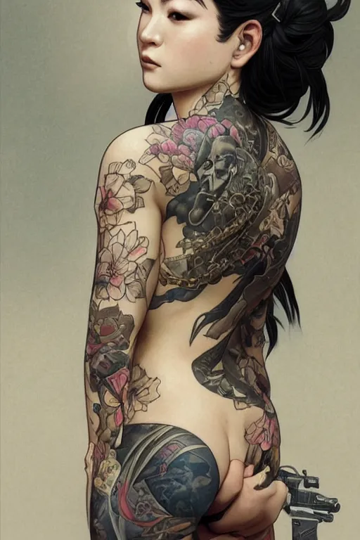 Prompt: portrait of a tattooed yakuza girl holding a gun, intricate, elegant, highly detailed, digital painting, artstation, concept art, smooth, sharp focus, illustration, art by artgerm and greg rutkowski and alphonse mucha and william - adolphe bouguereau