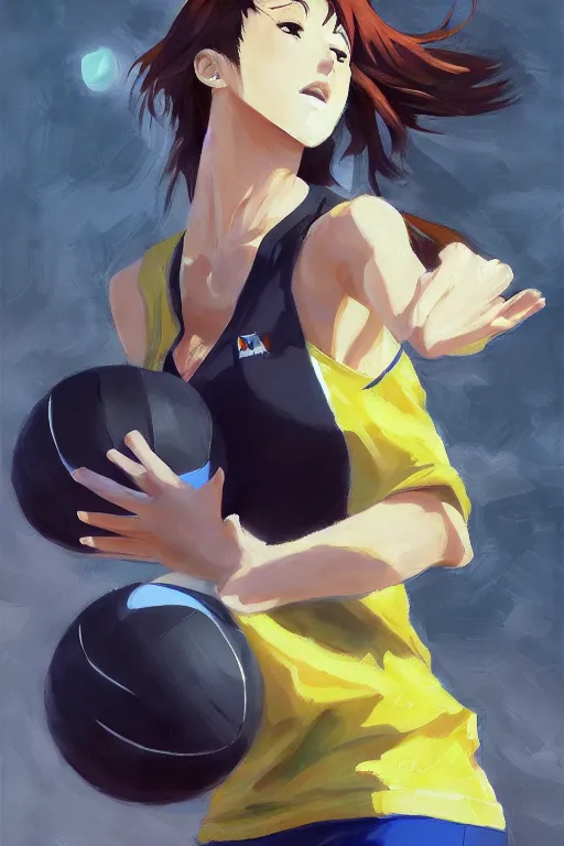 Prompt: A beautiful panting of a stylish woman playing volleyball, Oil painting, by Makoto Shinkai