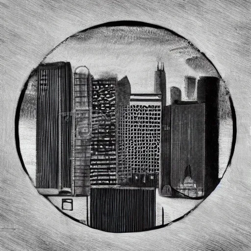 Image similar to a perfect circle where the inside is empty blank space and around the outer edge of the circle is the silhouette of a city skyline, black and white, minimalist, in the style of a charcoal drawing, made by david mellen