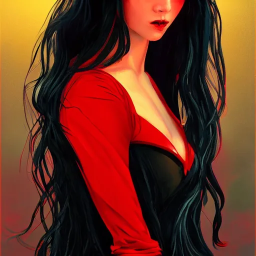 Prompt: stunning comic book style portrait painting of Long Black Haired woman wearing red dress, in the style of WLOP, 8k masterpiece, cinematic lighting, pristine clean design, high fantasy, insanely detailed, atmospheric,