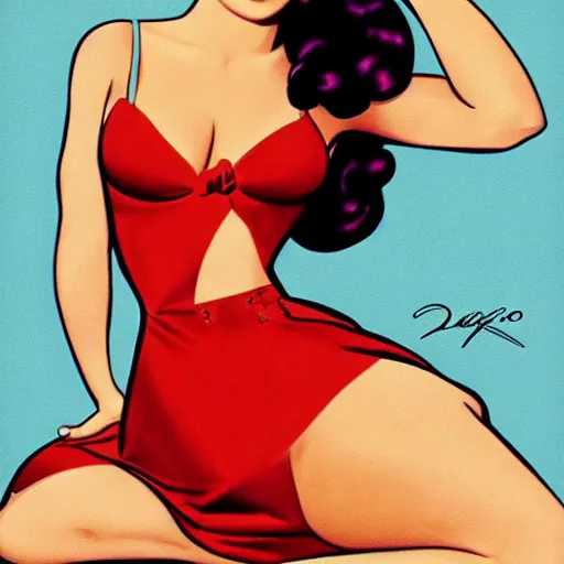 Image similar to a retro pinup illustration of megan fox in the style of alberto vargas and in the style of loish.