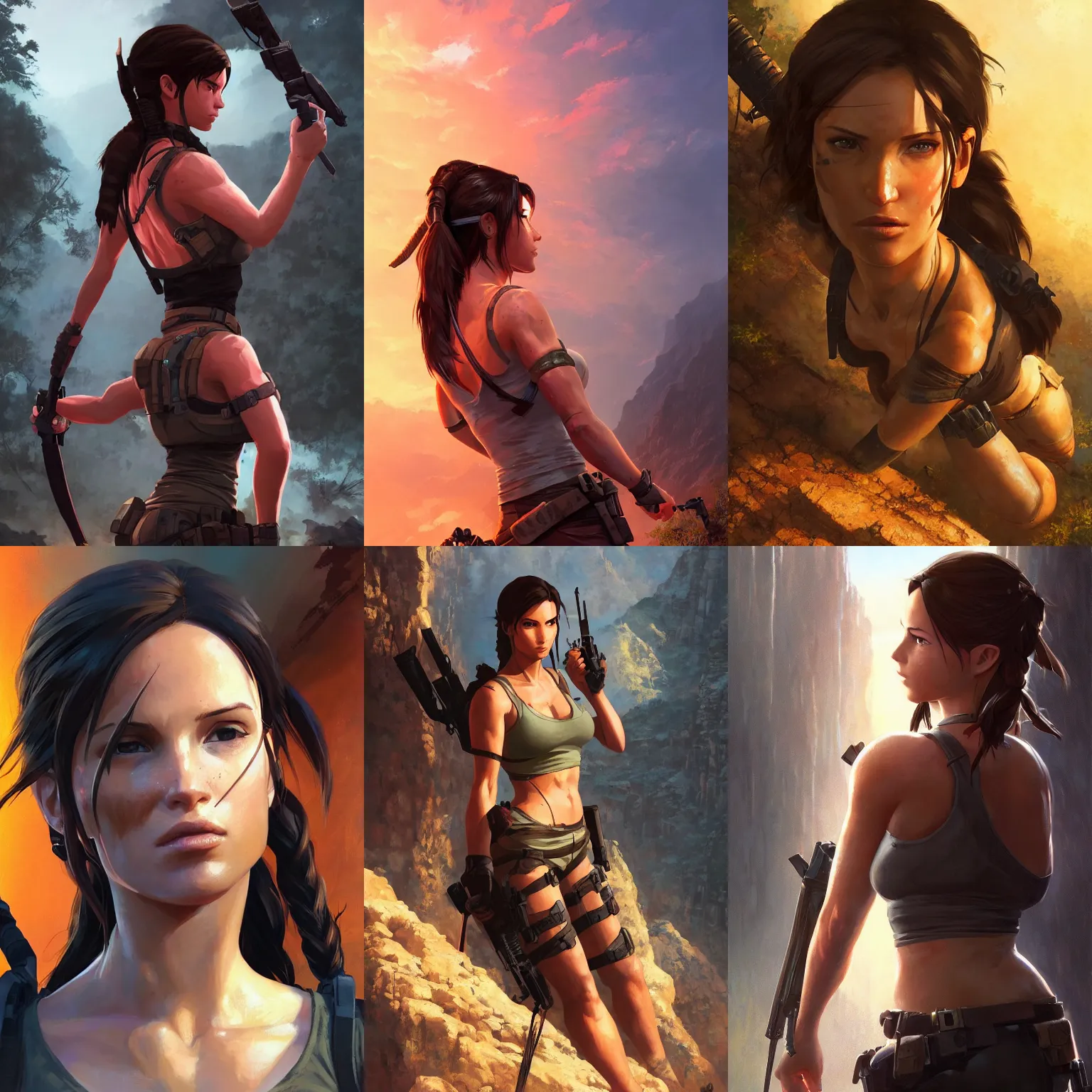 Prompt: a portrait of lara croft looking over her shoulder, tomb raider setting, vivid colors, soft lighting, atmospheric, cinematic, moody, in the style of ilya kuvshinov and range murata, krenz cushart, rule of thirds, oil on canvas, 8 k