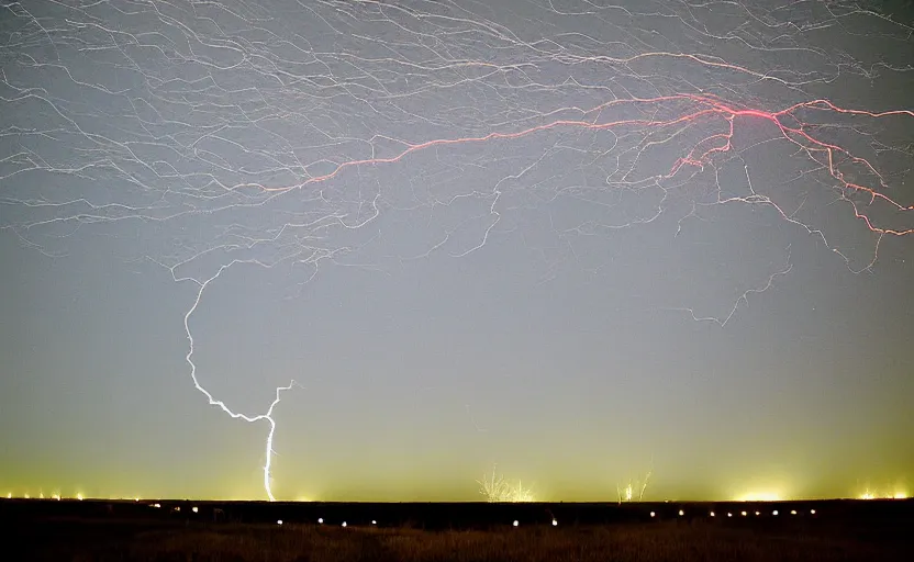 Prompt: red lightning bolts shoot from the ground, night, field, fire and smoke visible on the horizon, unsettling, 2005 photo