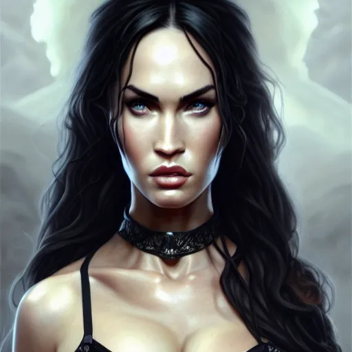 Image similar to portrait of megan fox, muscular upper body, collared, greek, jewelry, black dress, fantasy, intricate, elegant, highly detailed, digital painting, artstation, concept art, matte, sharp focus, illustration, art by aenaluck and roberto ferri and greg rutkowski, epic fantasy, digital painting