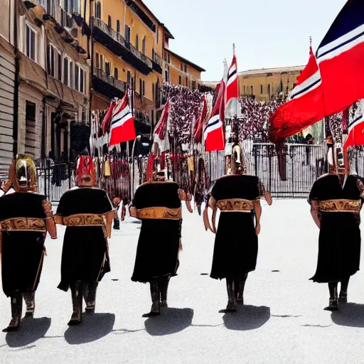 Image similar to Modern Roman Empire, 2022 photograph, Roman parade, Imperial Roman flags, CNN news report, live from Rome, alternate history