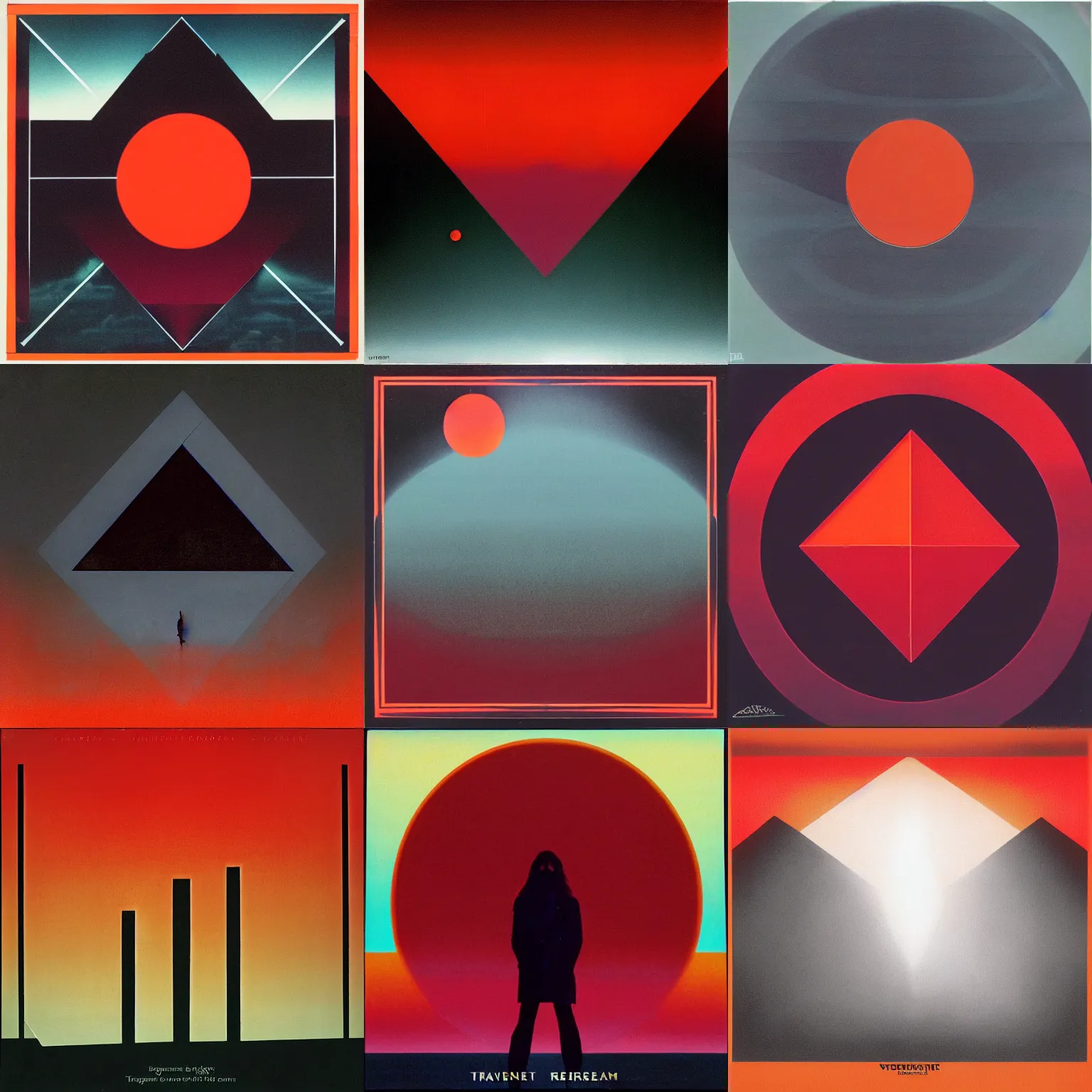 Prompt: Tangerine Dream Album Cover, Dark forbidding, fog, red glow , geometric shapes, 1970s