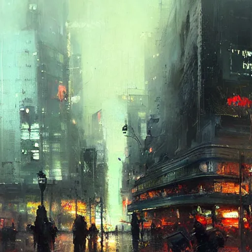 Image similar to cyberpunk cityscape, downtown scene, beautiful details, painting by jeremy mann