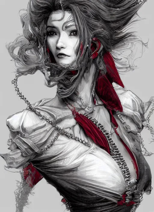 Prompt: close up portrait of a vampire in an elegant dress, red and grey colors, powerful, domineering, stoic, masterful, intense, ultrafine hyperdetailed illustration by kim jung gi, irakli nadar, intricate linework, sharp focus, octopath traveler, yoji shinkawa, highly rendered, detailed, concept art