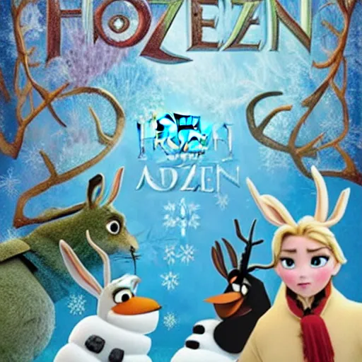 Image similar to A poster for the movie Frozen but with rabbits on the cover