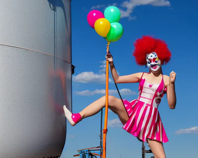 Prompt: clown girl android standing on a water tank