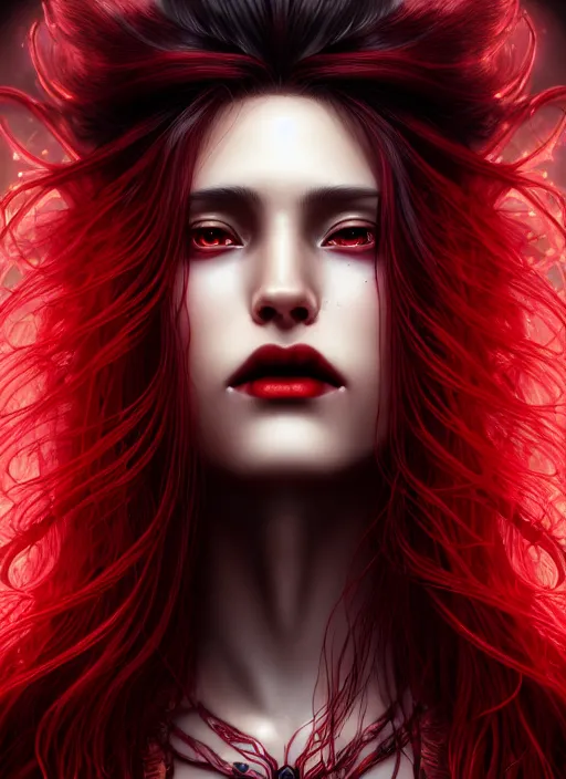 Image similar to a photorealistic detailed close up portrait of a beautiful stoic vampire in glowing ruby armor with flowing hair, black and red only, intricate, elegant, highly detailed, digital painting, artstation, concept art, smooth, sharp focus, illustration, art by hana yata, artem demura, alphonse mucha, octane render, unreal engine, 8 k