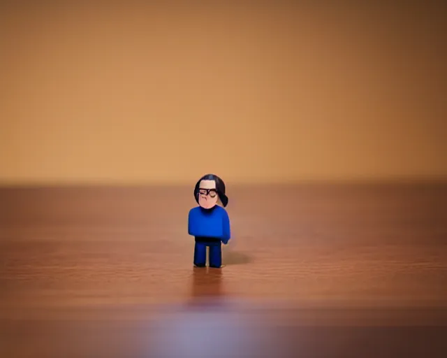 Image similar to steve jobs action figure sad bokeh on wooden table