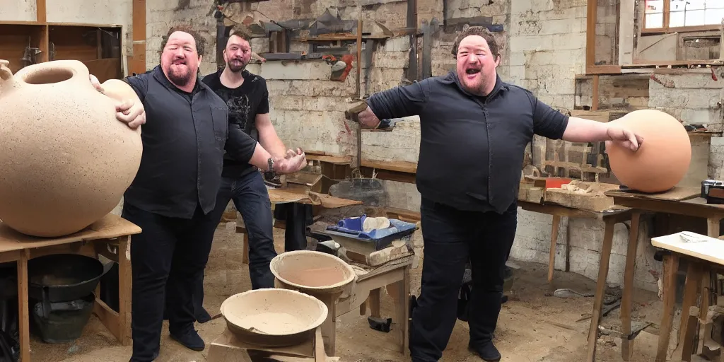 Prompt: johnny vegas making a very large clay teapot, art school, studio, wet clay, photorealistic, stand up comedy