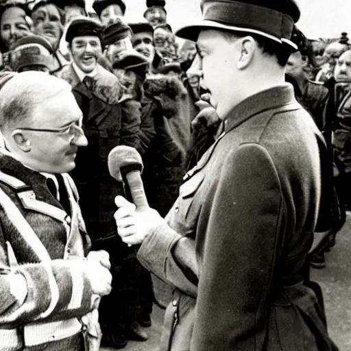 Prompt: nardwuar interviewing hitler