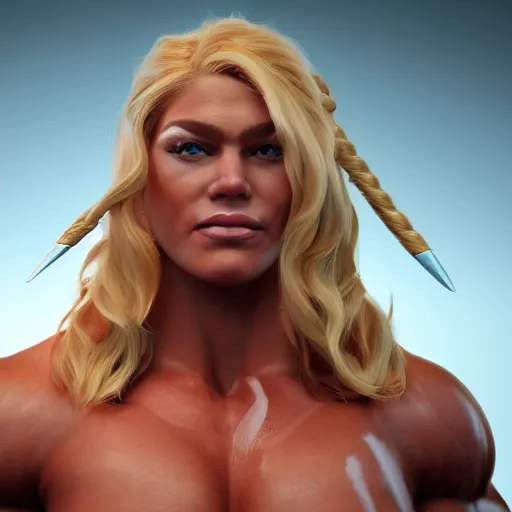 Prompt: a handsome bodybuilder viking girl with blond hair, clash royal style characters, unreal engine 5, octane render, detailed, cinematografic, cinema 4 d
