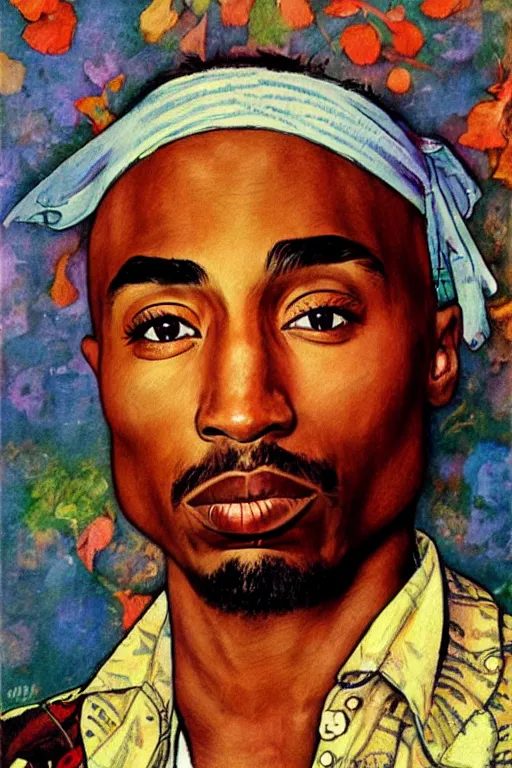 Image similar to Tupac, illustrated in whimsical style, Illustration by Norman Rockwell, loish, oil painting,