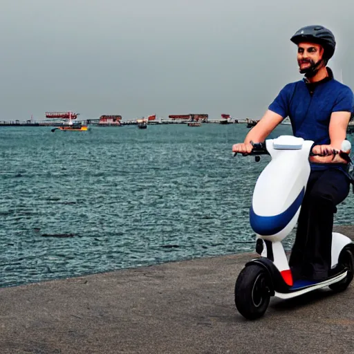 Image similar to A seagull sitting on top of a man, who is riding an electric scooter