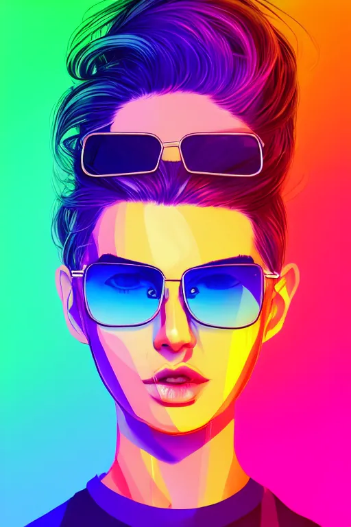 Prompt: a award winning half body portrait of a beautiful woman with stunning eyes in a croptop and cargo pants with rainbow colored ombre hairstyle head in motion and hair flying by thomas danthony, outlined by whirling illuminated neon lines, sunglasses, outrun, vaporware, shaded flat illustration, digital art, trending on artstation, highly detailed, fine detail, intricate