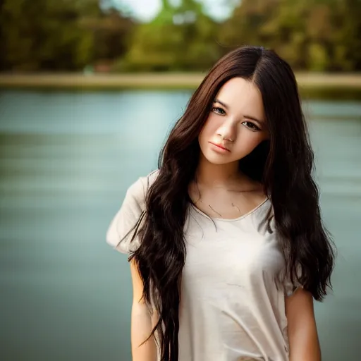 Image similar to real life photo of a beautiful girl, full body photoshoot, long black hair, full round face, short smile, brown shirt, lake setting, cinematic lightning, medium shot, mid - shot, highly detailed, trending on artstation, iso 2 0 0, f 1. 4, 8 0 mm, 8 5 mm, natural light