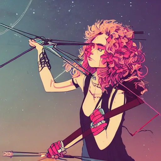 Image similar to close up, posing pointing with an arrow bow and shouting, a grungy cyberpunk anime, very cute, by super ss, curly pink hair, night sky by wlop, james jean, victo ngai, highly detailed