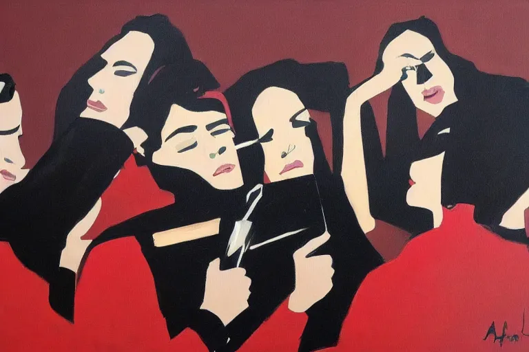 Prompt: a group of spanish trap singers drinking red wine, oil painting by alex katz, trending on artstation