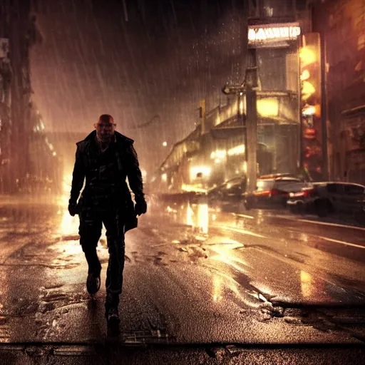 Prompt: photo of dave bautista as sapper morton running through the dark wet streets of scifi los angeles at night in the rain, photorealism, blade runner movie still, action shot, dynamic, 4k