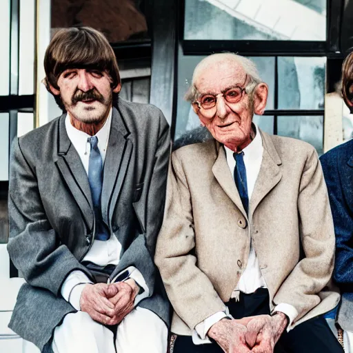 Image similar to old the beatles at age of 9 0 years old, color ( sony a 7 r iv, symmetric balance, polarizing filter, photolab, lightroom, 4 k, dolby vision, photography award ), vogue, perfect face, movie poster