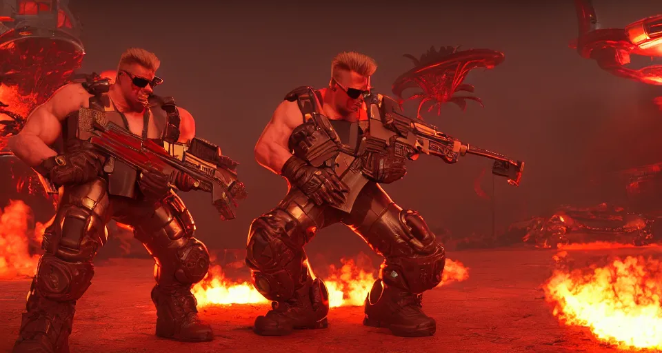 Prompt: Duke Nukem and Serious Sam teaming up to kill alien bastards, 3D, video game, octane render, depth of field, unreal engine 5, full of color, trending on artstation, ultra high detail, ultra realistic, cinematic, focused, 8k