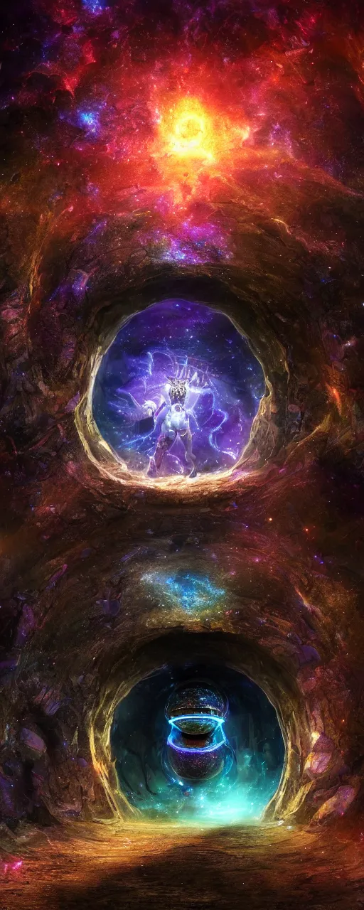 Image similar to tunnel portal made of stars space, gigantic biomechanical astral monk, cosmic eye, nebulas stars dmt psychedelic cosmos, cosmic, hallucination, night sky cluster milky way constellations, 8 k, artstation, unreal engine, octane render, hdr, surrealistic, glow, photorealistic, volumetric lighting, dreamy, dynamic, mystical