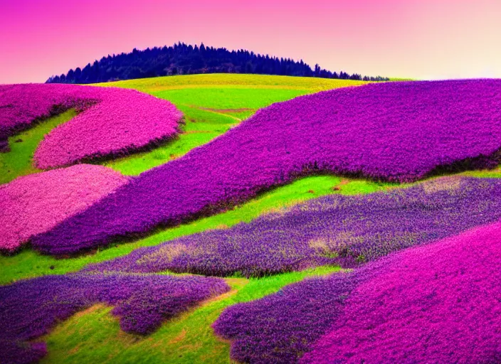 Prompt: fields full of flowers, pink and purple trees and blue sky with hills in the background. Intricate. Very detailed 8k. Fantasy. Sharp. Cinematic post-processing.