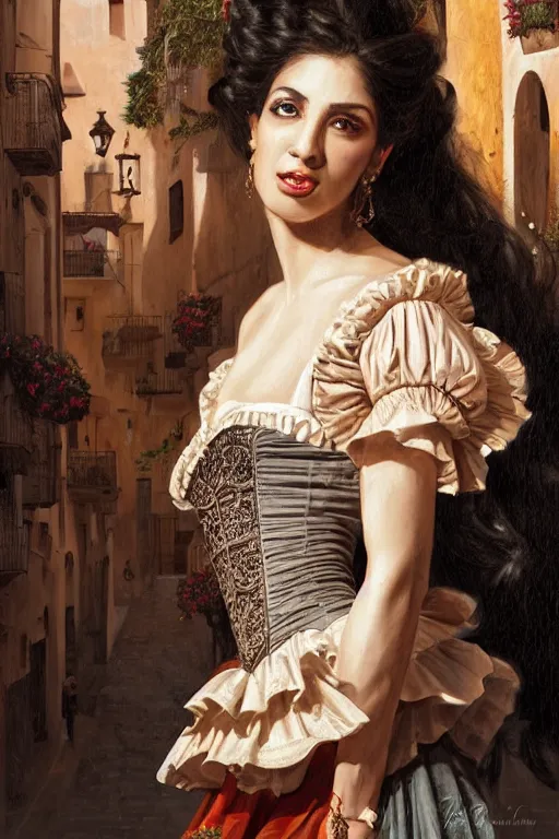 Image similar to rosalia vila i tobella, the singer rosalia, highly detailed, spanish princess, flamenco dancer, highly detailed, digital painting, night scene, 1 8 th century barcelona courtyard, trending on artstation, concept art, sharp focus, illustration, art by artgerm and greg rutkowski and magali villeneuve