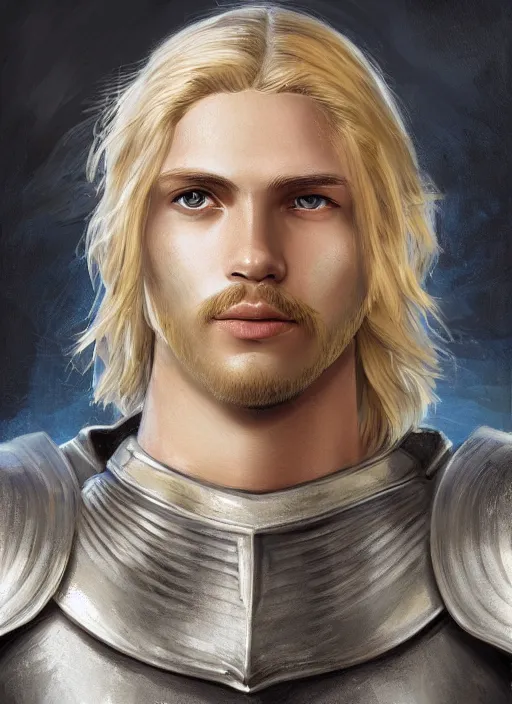 Prompt: oilpainting of a handsome young knight with a beautiful face and clear skin, long blond hair, knight armor, no helmet, medieval art, high resolution, clear image, digital art, studio photo, 4 k, clear lines, artstation