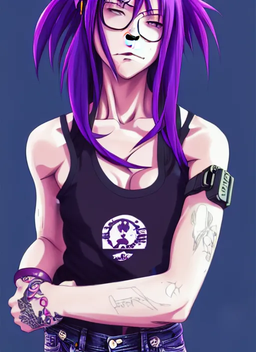 Image similar to revy black lagoon, purple hair, black tank top, jean shorts, tribal sleeve left arm, portrait shinkai makoto, studio ghibli, studio key, hideaki madhouse anime studio, artgerm, lau rossdraws james jean marc simonetti pixiv