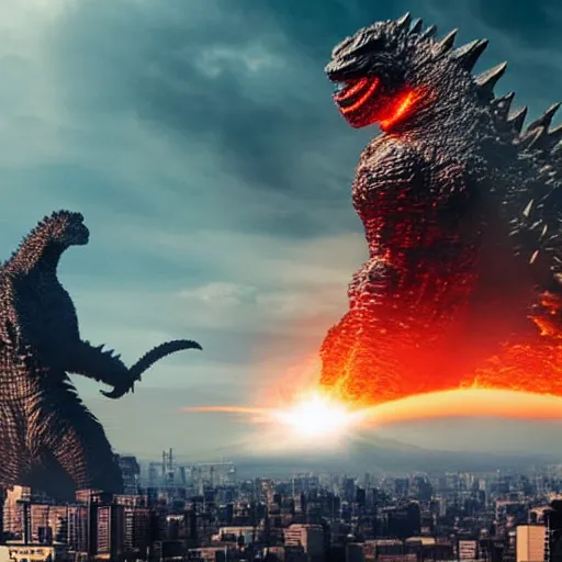 Image similar to meteor colliding with tokyo with godzilla watching