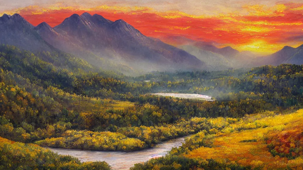 Prompt: The most beautiful panoramic landscape, oil painting, where the mountains are towering over the valley below their peaks shrouded in mist. The sun is just peeking over the horizon producing an awesome flare and the sky is ablaze with warm colors and cirrus clouds. The river is winding its way through the valley and the trees are starting to turn yellow and red, by Greg Rutkowski, aerial view