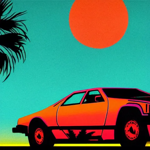 Image similar to wasteland hotline miami desert apocalypse car wide shot landscape nuke fire craters end of the world miami beach sunset palm trees 80s synth retrowave delorean decal