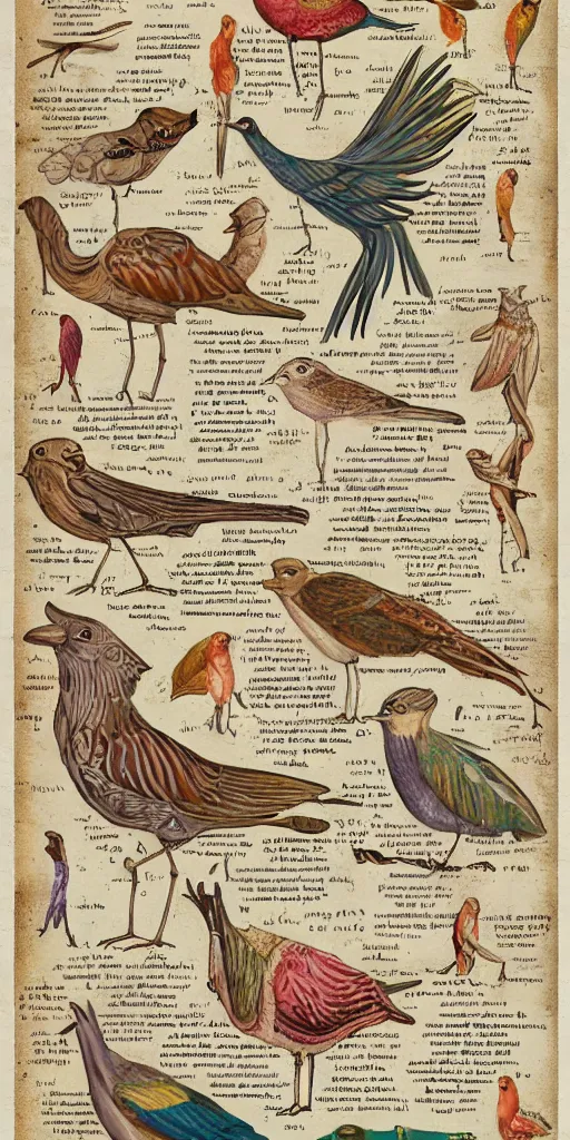 Prompt: anatomy of a bird, diagrams, map, marginalia, sketchbook, old script, inhabited initials, pastel infographic by Wes Anderson