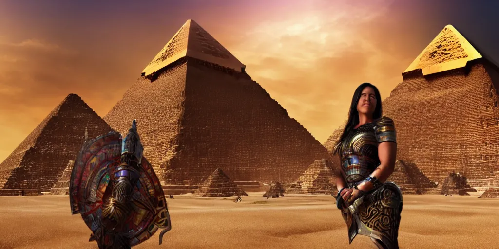 Prompt: photorealistic art of a woman wearing Mayan battle armor, standing in front of a great pyramid of gold, dynamic lighting, space atmosphere, hyperrealism, stunning visuals