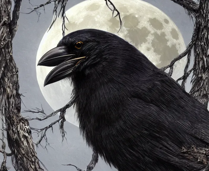 Image similar to a hyper-detailed fantasy wallpaper book cover, close-up portrait of a crow on a tree in front of the full big moon; an extraordinary masterpiece!!!; flawless; proud posture; photorealistic eyes; trending on artstation; f/1.4; 90mm
