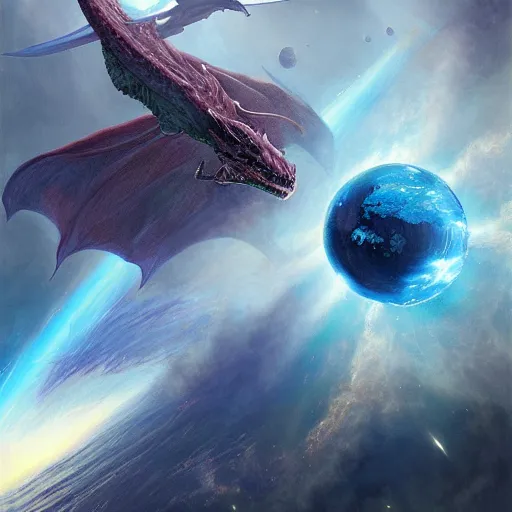 Prompt: Blue scaled dragon devouring an earth like planet while flying in space, sun system, nebula, oil painting, by Fernanda Suarez and Edgar Maxence and Greg Rutkowski