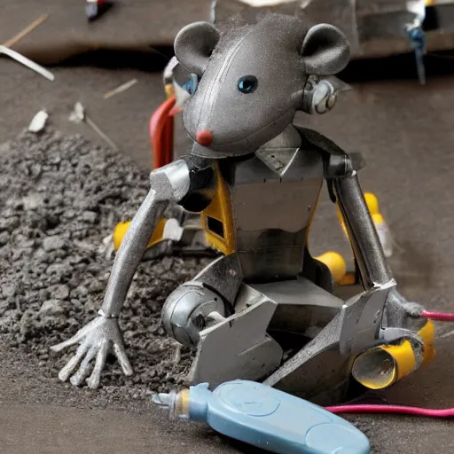 Prompt: a depressed little construction mouse deconstructing a robot, by brian jacques