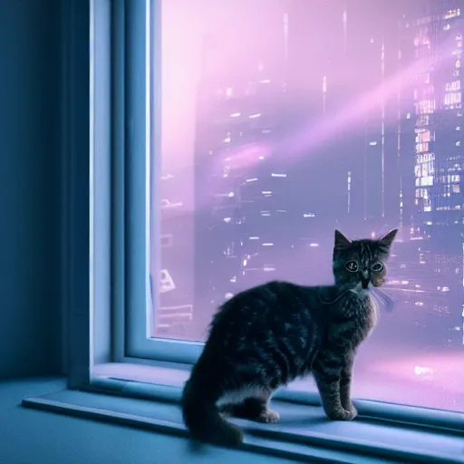 Prompt: Big european shorthair cat and small fluffy kitten, napes, in the apartment room looking to window in a cyberpunk city, soft god rays from city lights outside the window, unreal engine 5, soft neon atmosphere, photorealistic, soothing colors, somber melancholic matte painting, hyperrealism, hyperrealistic, cinematic masterpiece, cyberpunk style 8k ultrahd octane render