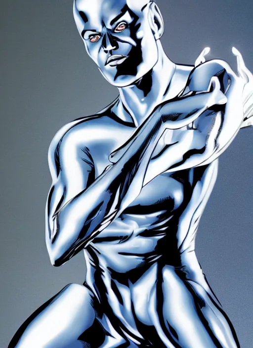 Image similar to A full portrait photo of silver surfer marvel, f/22, 35mm, 2700K, lighting, perfect faces, award winning photography.
