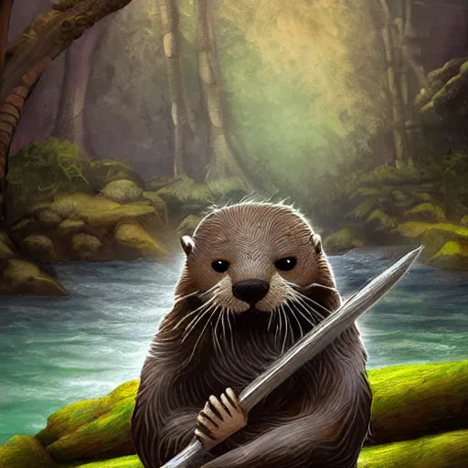 Image similar to furry otter warrior, fantasy art, lightweight armour, near the river, waterfall, digital art, high quality