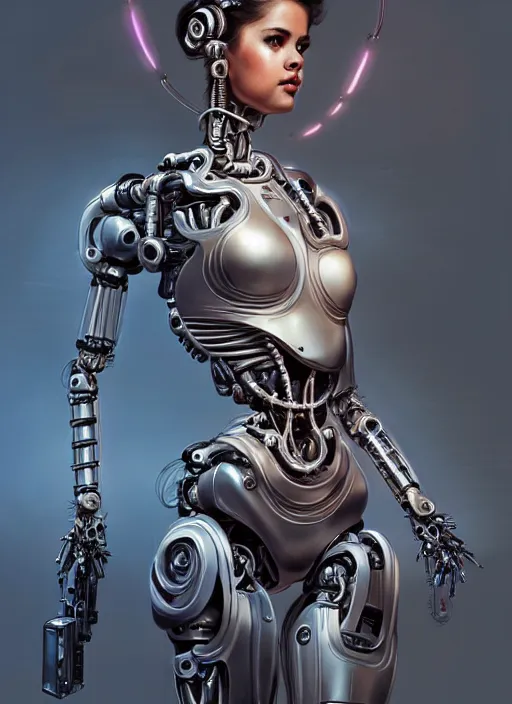 Image similar to portrait of a beautiful female robot from the future wearing biomechanical armor, selena gomez, carrying a rifle, intricate, elegant, glowing lights in armor, highly detailed, digital painting, artstation, glamor pose, concept art, smooth, sharp focus, illustration, epic angle, art by artgerm and greg rutkowski, artey freytag, alvin schwartz