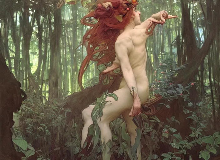 Image similar to will - o'- wisp forest, lush trees, a group of fairies dancing around a demon, magical, vivid colors, rule of thirds, a fantasy digital painting by alphonse mucha, by greg rutkowski, by john william waterhouse, by james gurney, trending on artstation, highly detailed, sharp lines