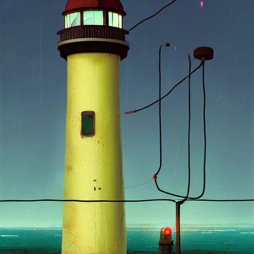 Prompt: lighthouse, mechanic, robotic, abandoned, overgrown, cables by simon stalenhag