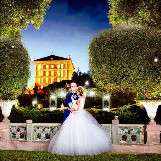 Prompt: Bride and Groom marrying in a garden, with a majestic Ottoman palace in the background, at night, well lit sky, luxury, luxurious wedding, Ottoman Empire era, gold, photorealistic, ultra-detailed, 4k high resolution, HDR shot